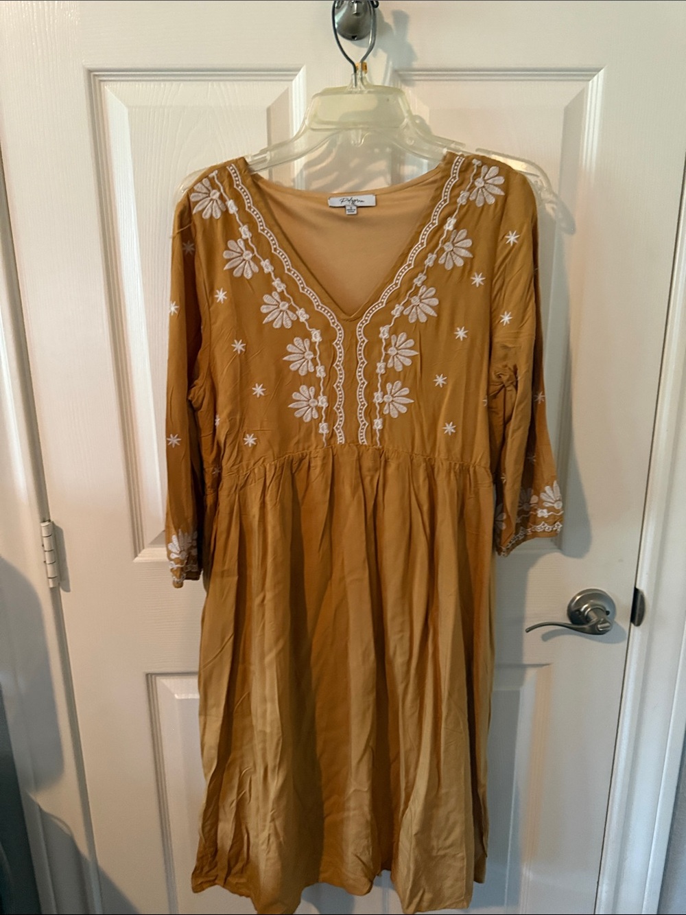 Polagram Mustard Embroidered V-Neck Midi Dress